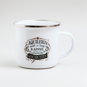 Die AQUILERIA Kaffeetasse mit dem Motiv "AQUILERIA macht aus einer Tasse Kaffee eine Welt voll fantastischer Geschichten"